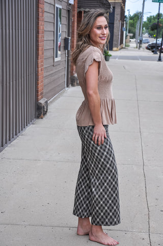 Linen Blend Smocked Peplum Blouse