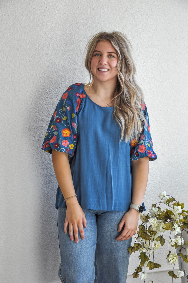 Linen Blend Top w/Embroidered Sleeve