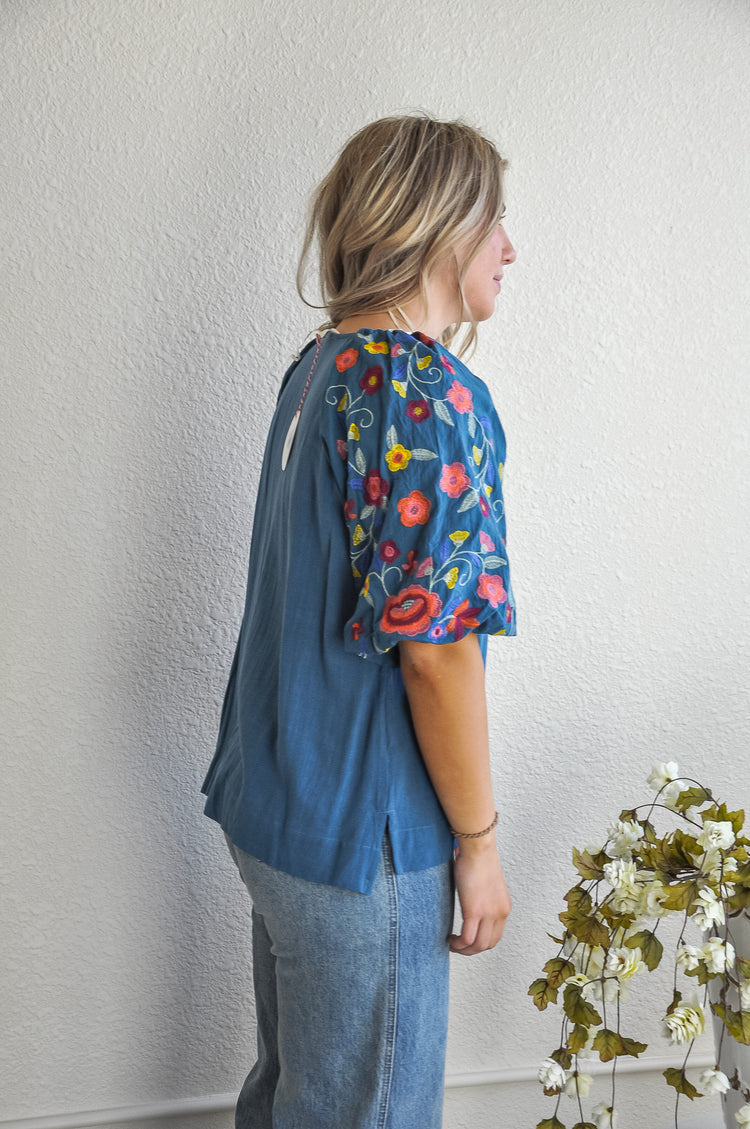 Linen Blend Top w/Embroidered Sleeve
