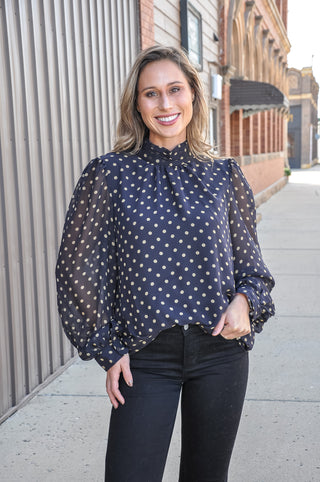 Long Sleeve Polka Dot Mock Neck Blouse