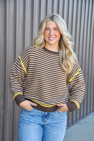 Long Sleeve Stripe Sweater Top w/Contrast Rib