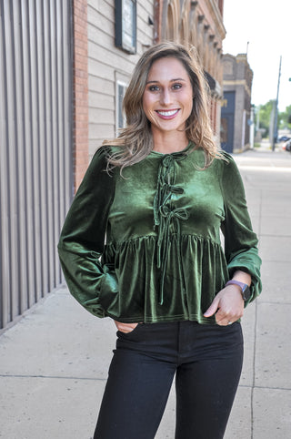 Luxe String Tied Velvet Top in Hunter Green