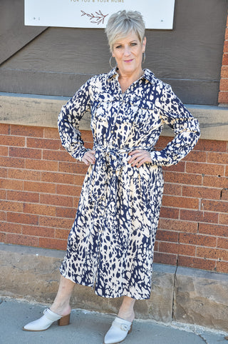 Marble Print Long Sleeve Button-Up Midi Dress