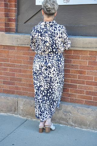 Marble Print Long Sleeve Button-Up Midi Dress