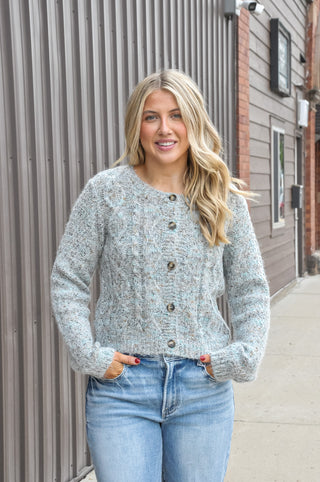 Marled Cable Knit Button Cardigan