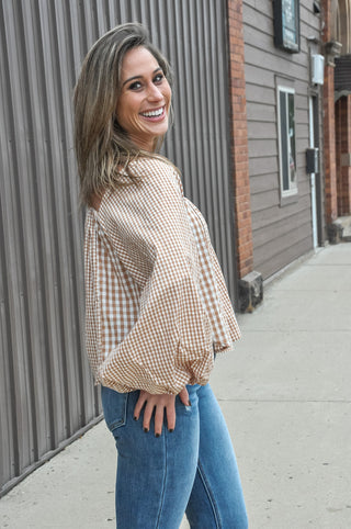 Meadow Check Balloon LS Top, view 2 | JQ Clothing Co.