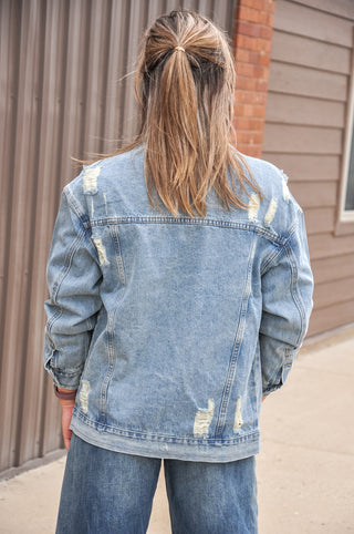 Med Wash Distressed Classic Denim Jacket, view 4
