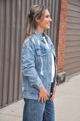 Med Wash Distressed Classic Denim Jacket, view 3