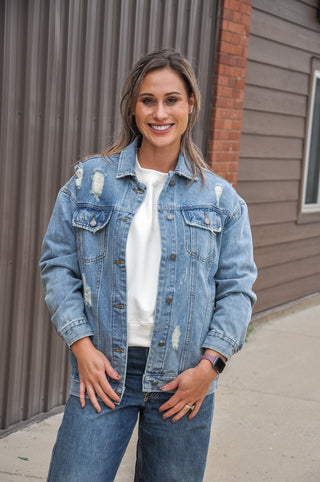 Med Wash Distressed Classic Denim Jacket, view 2