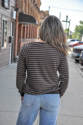 Micro Brushed Stripe Ribbed Crew Neck Top
