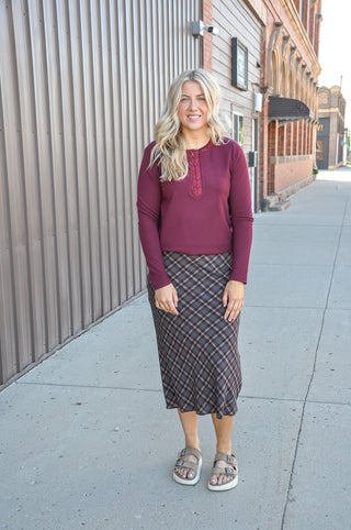 Mid Rise Bias Check Plaid Midi Skirt