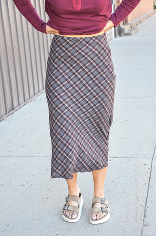 Mid Rise Bias Check Plaid Midi Skirt