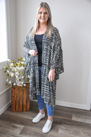 Mixed Print Open Front Kimono