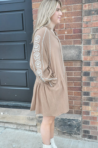 Mocha Cotton Gauze Embroidered Dress