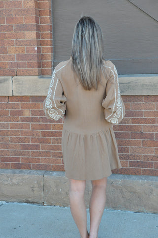 Mocha Cotton Gauze Embroidered Dress | JQ Clothing Co.