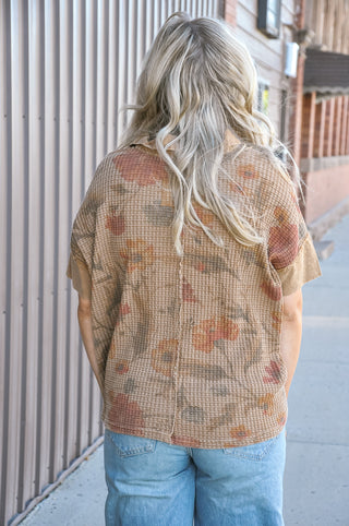 Mocha Floral Print Washed Waffle Knit Top