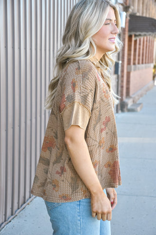 Mocha Floral Print Washed Waffle Knit Top