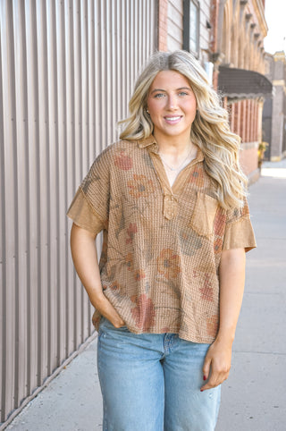 Mocha Floral Print Washed Waffle Knit Top