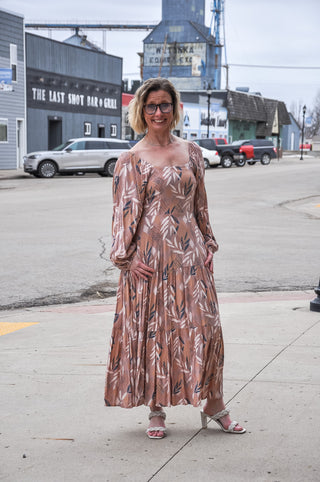 Mocha Leaf Printed Maxi Dress