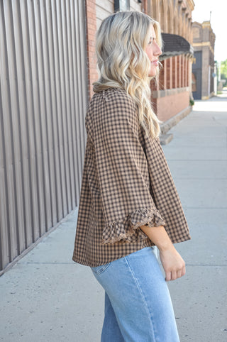 Mocha Plaid Lace Trim 3/4 Sleeve Blouse