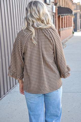 Mocha Plaid Lace Trim 3/4 Sleeve Blouse