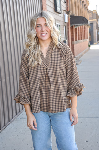 Mocha Plaid Lace Trim 3/4 Sleeve Blouse