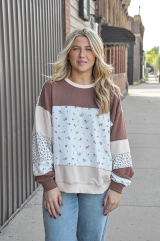 Mocha/Latte Vintage Panelwork Floral Pullover
