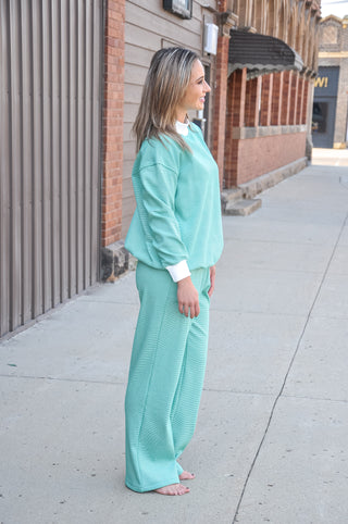 Mock Neck Striped Sweatshirt Pant Set, view 3