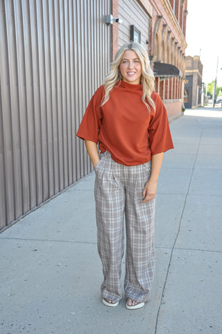 Antique Brown Plaid Pleated Straight Leg Pants