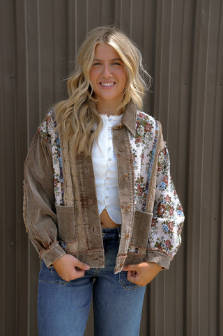 Multi Fabric Blocked Jacket Brown Beige