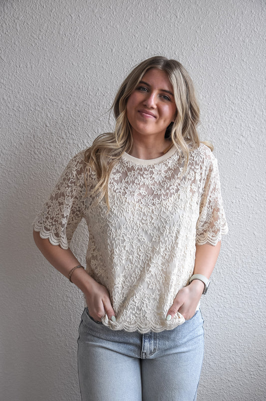 Natural Short Sleeve Lace Top