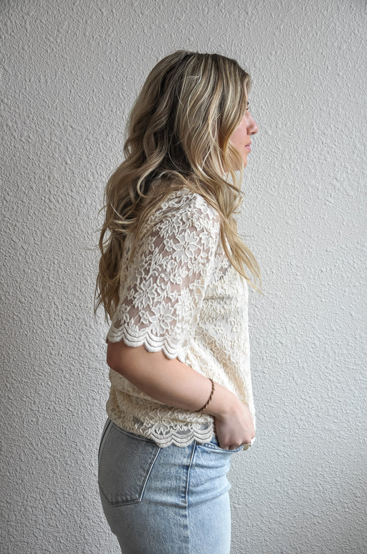Natural Short Sleeve Lace Top