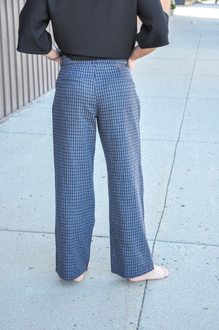 Navy-Grey Plaid Pleated Wide Leg Dress Pants