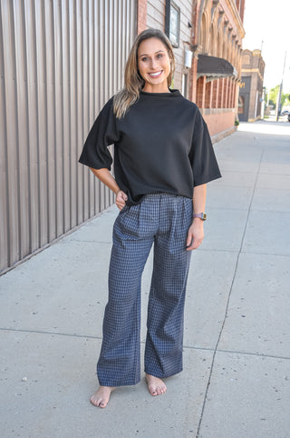 Navy-Grey Plaid Pleated Wide Leg Dress Pants
