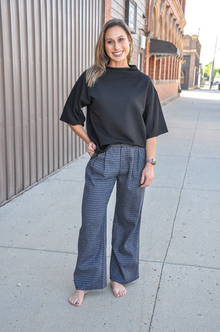 Navy-Grey Plaid Pleated Wide Leg Dress Pants
