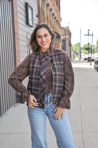 Navy Plaid Mock Neck Corduroy Trim Puffer Vest