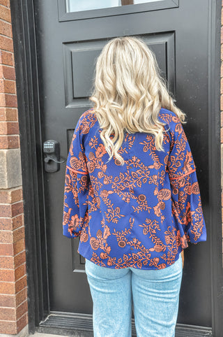 Navy Printed Balloon Sleeve Top