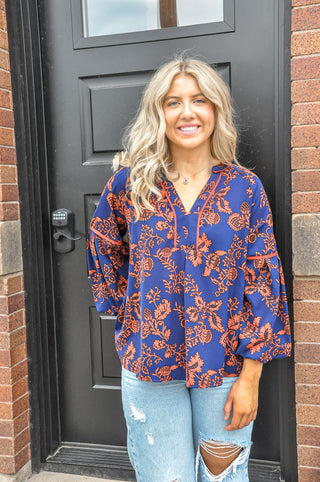 Navy Printed Balloon Sleeve Top