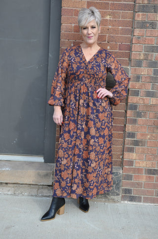 Navy Rust Floral Maxi Dress