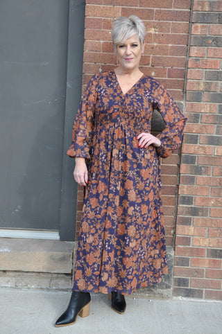 Navy Rust Floral Maxi Dress