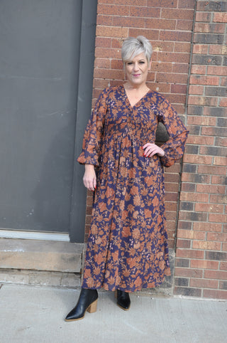 Navy Rust Floral Maxi Dress