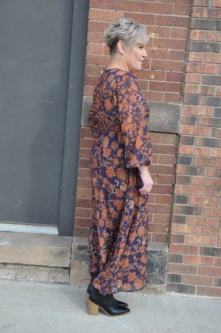 Navy Rust Floral Maxi Dress