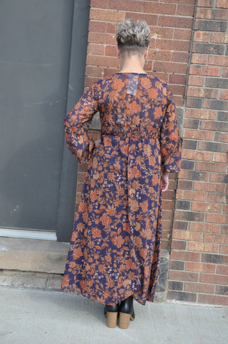 Navy Rust Floral Maxi Dress