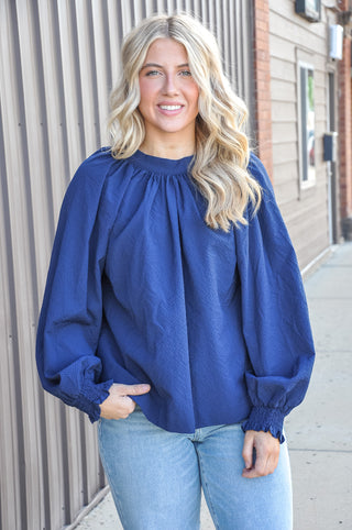 Navy Textured Gathered Neck Balloon Sleeve Bow Top