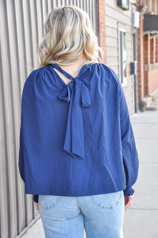 Navy Textured Gathered Neck Balloon Sleeve Bow Top