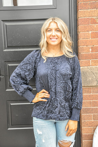 Neat Navy Wrinkle Effect LS Top