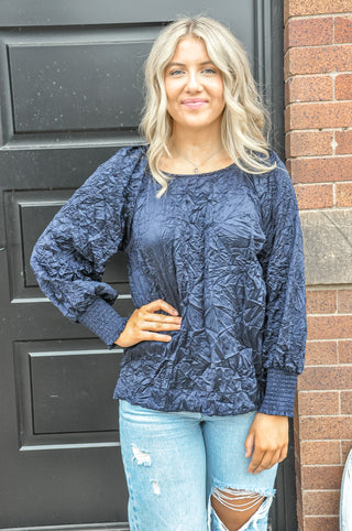 Neat Navy Wrinkle Effect LS Top