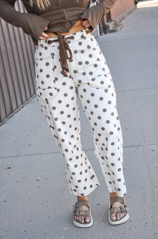 Oatmeal Polka Dot Front Tie Barrel Pants