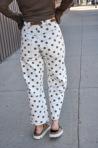 Oatmeal Polka Dot Front Tie Barrel Pants