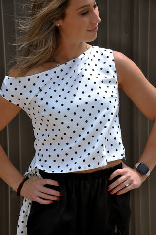 Off Shoulder Side Tie Polka Dot Top